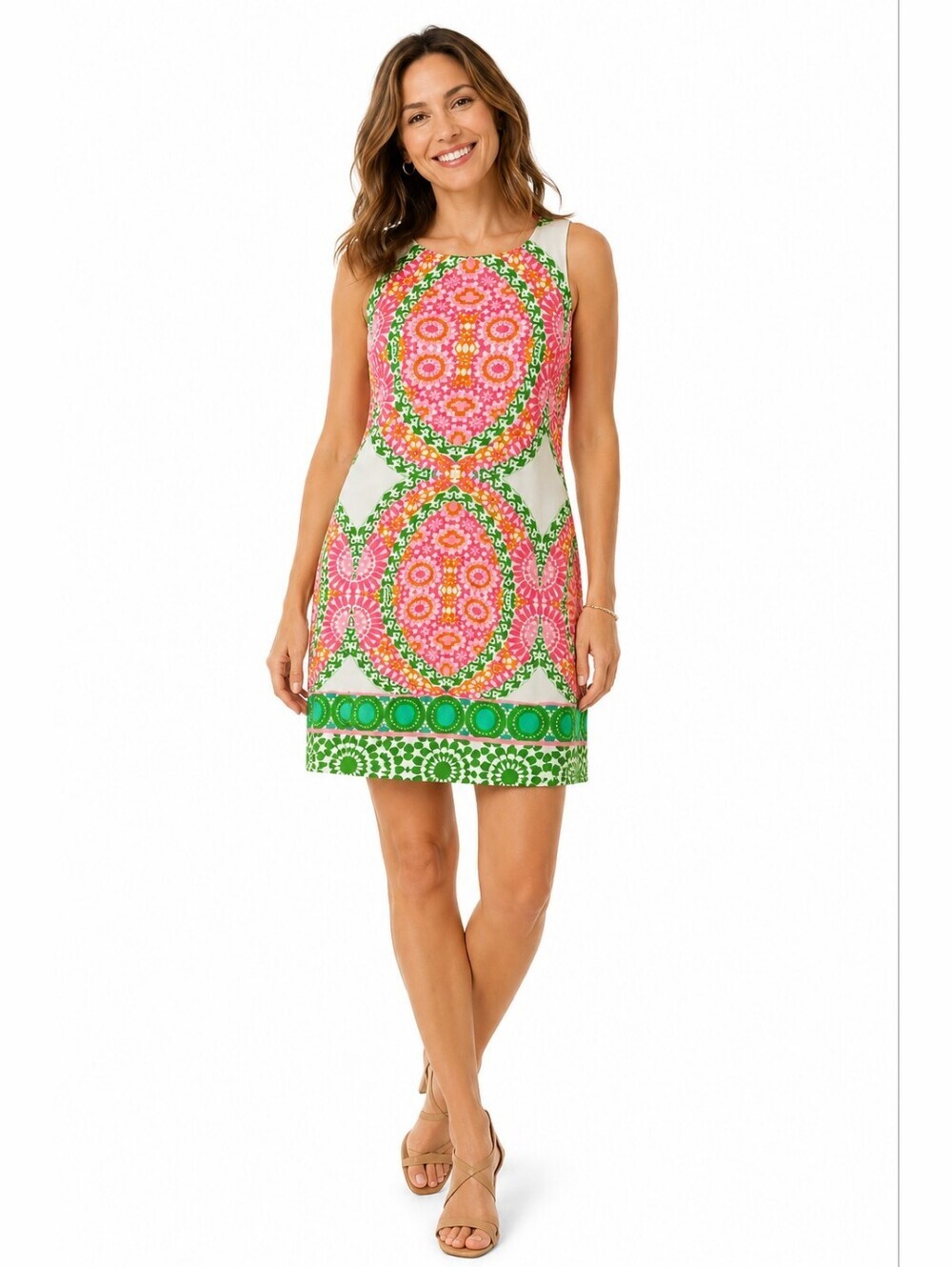 London  Times Retro Summer Dress Vibrant Stretch Pink Green Orange 10